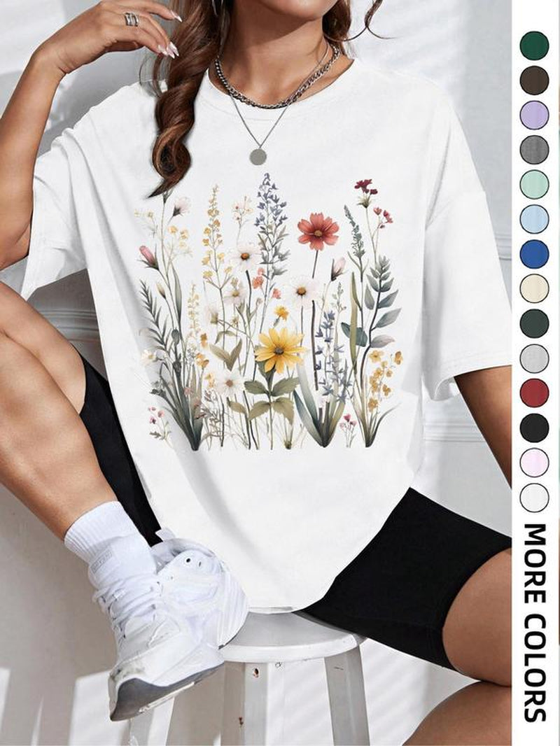 Women'S Floral Print round Neck Tee, Casual Drop Shoulder Short Sleeve T-Shirt, Ladies Summer Clothes, Tops for Women, Clothing